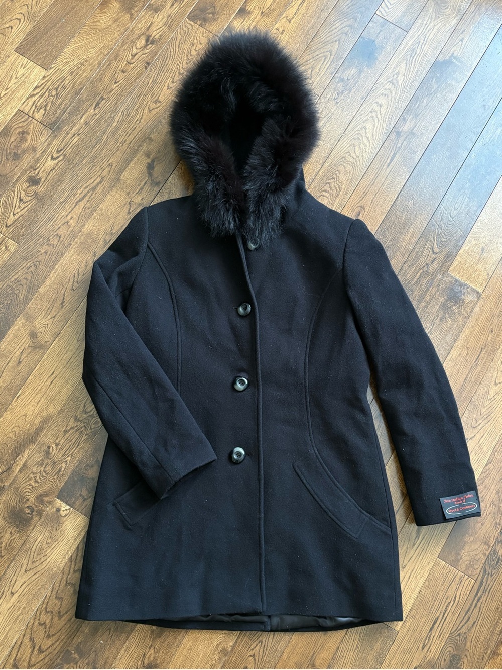 Sachi Black Hooded Wool/ Cashmere Blend Women's Coat with Real Fur Trim Size Med